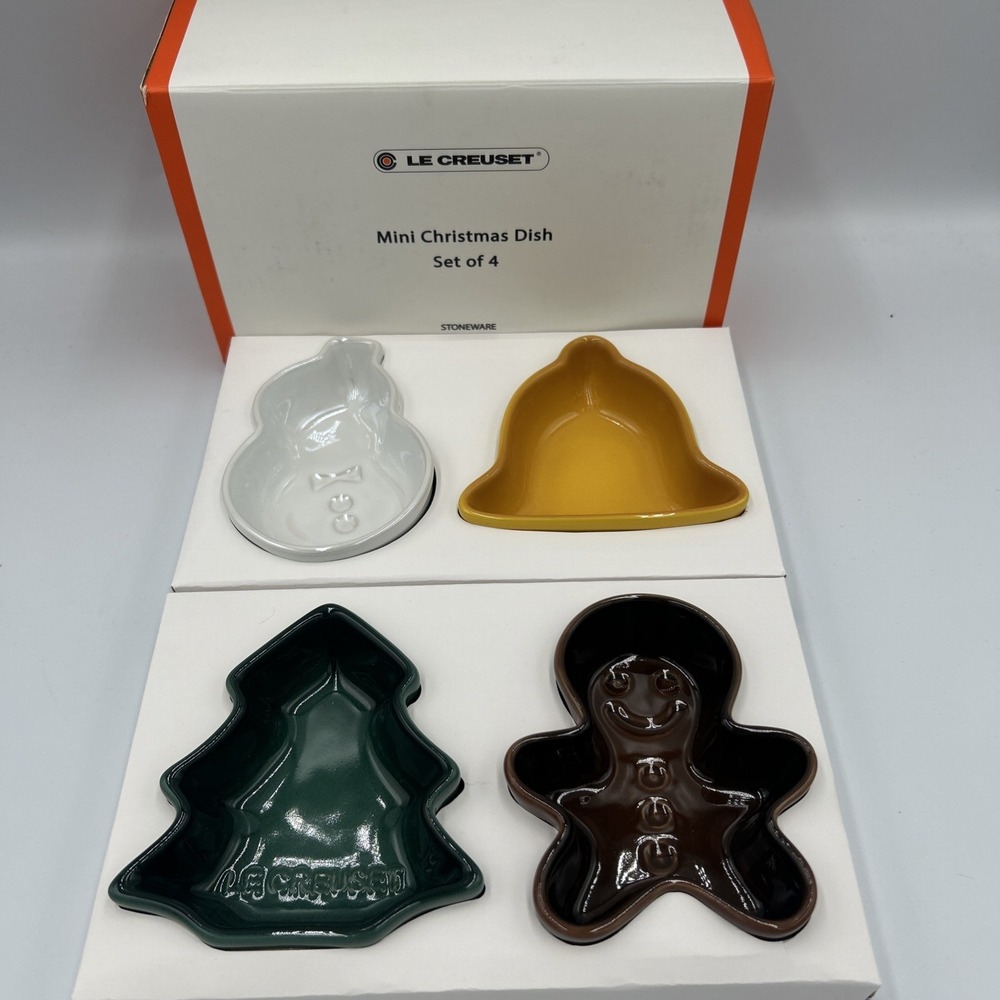 Set of 4 LE CREUSET Mini Christmas Dish Bowls Bell Tree Snowman Gingerbread NIB